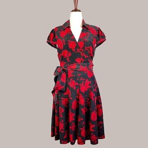MODA INTERNATIONAL 100% SILK VINTAGE FLORAL ROSE AND BLACK DRESS WITH WRAP TIE